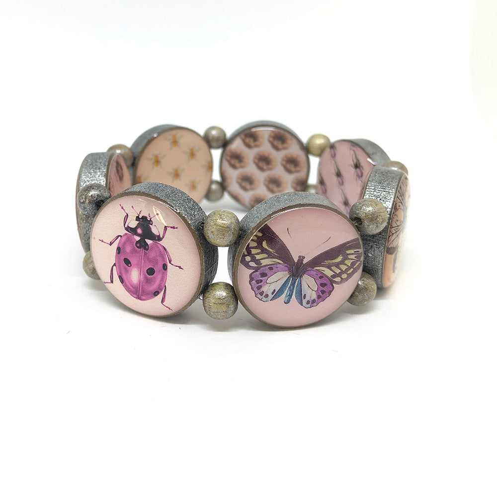 Wooden Bracelet Brown with Bee Motifs in Pink