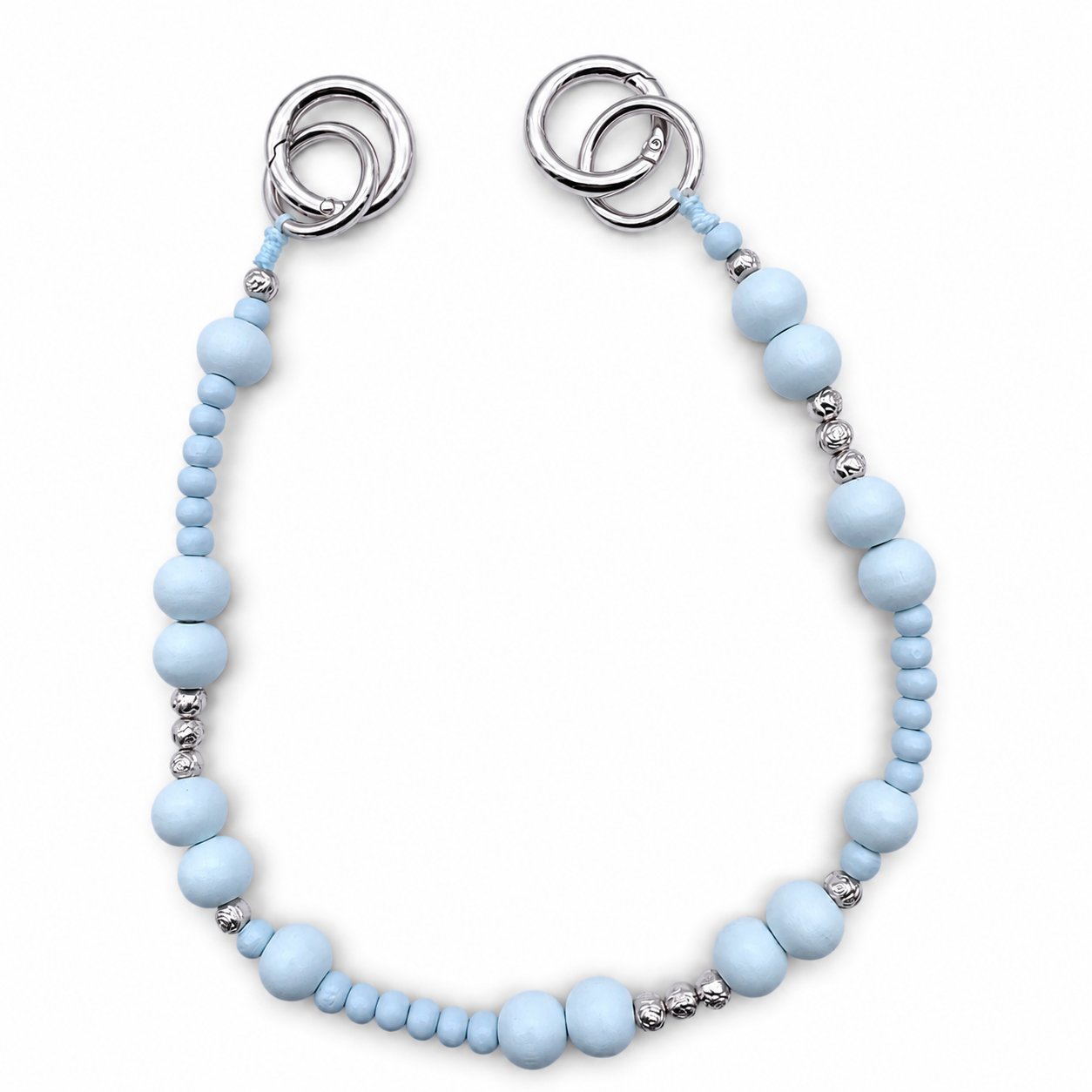 Kurze Handykette aus Holzperlen in Skyblue/Silber