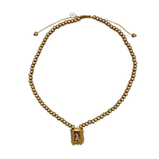Scapular wooden necklace gold with Madonna motif 