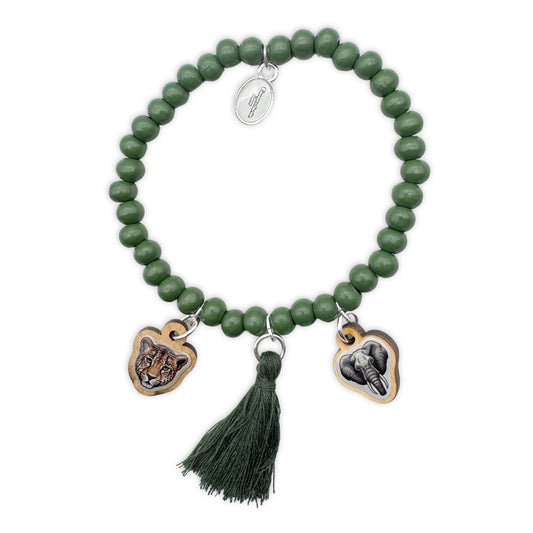 Holzarmband Bambusgrün mit Leopard & Elefant