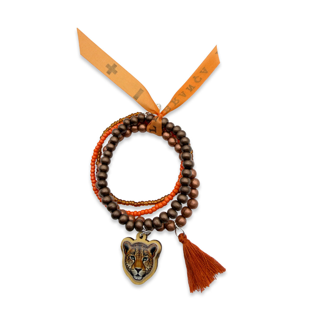 Escapulario Armbandset mit Leopardenkopf-Holzpin, Holzperlen in Bronze und Kupfer, orangefarbenen Glasperlen, Quaste und Bonfimband.