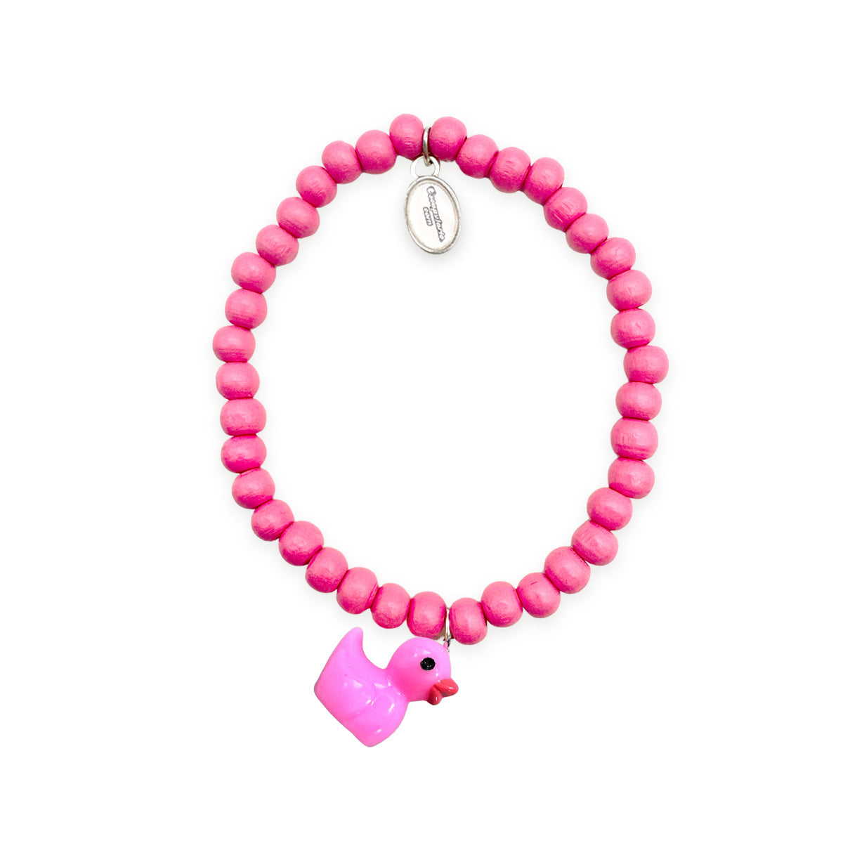Escapulario Holzarmband in Lipstick-Pink mit Entenanhänger aus pinken Holzperlen als farbenfrohes Statement-Armband für Frauen.