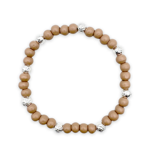 Holzperlen-Armband Cappuccino mit Rosenperlen