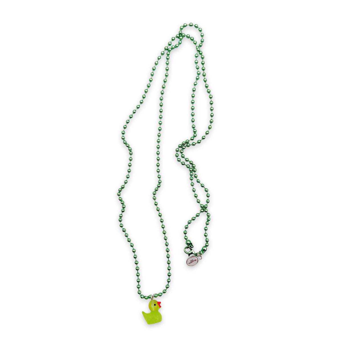 Chaîne à billes vert métallique avec pendentif canard fluorescent vert en acrylique