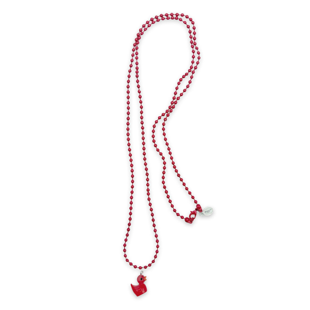 Chaîne à billes rouge métallisée avec pendentif canard en acrylique rose fluo. Pendentif canard en acrylique rose fluo sur chaîne à billes rouge métallisée.