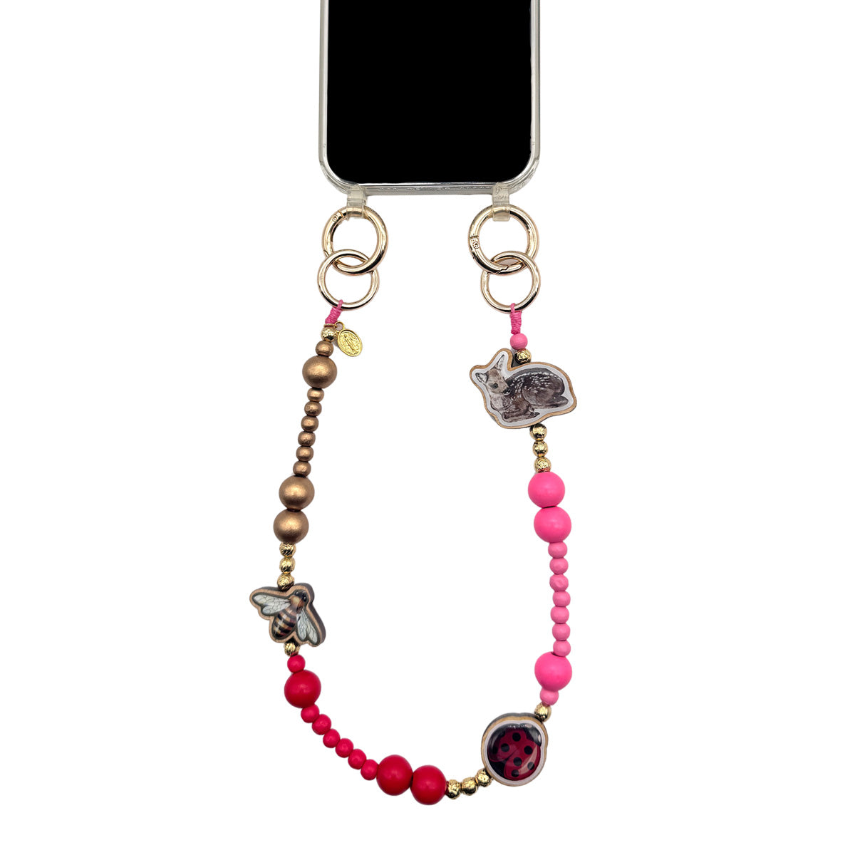 Short fawn cell phone chain made of wooden beads