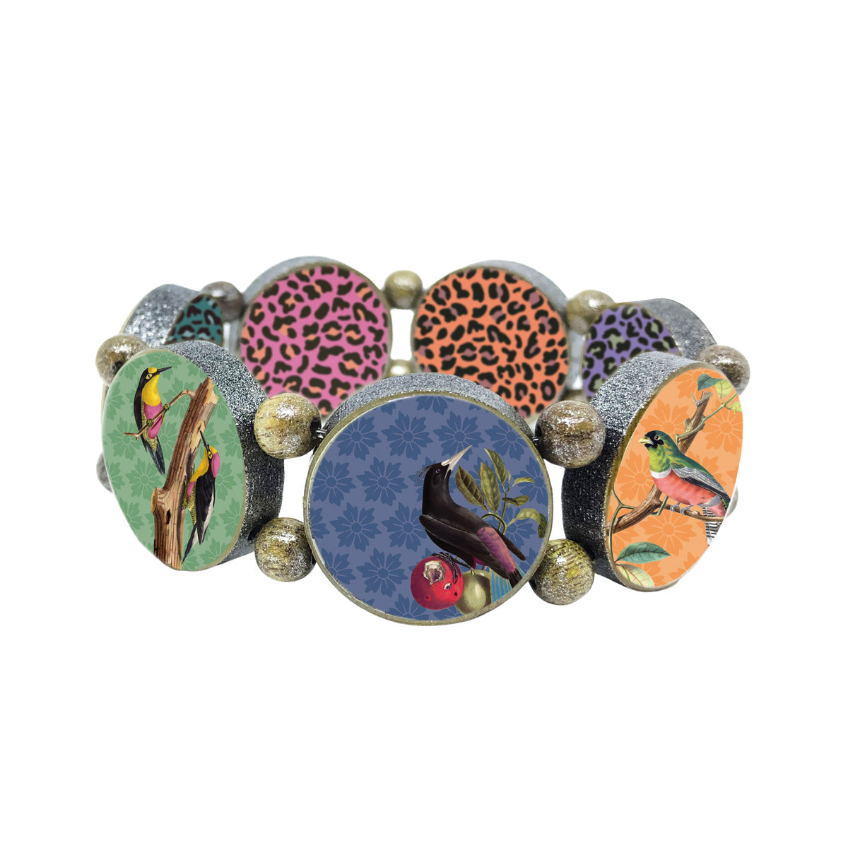 Wooden Bracelet Brown Metallic with Birds & Leo Colorful