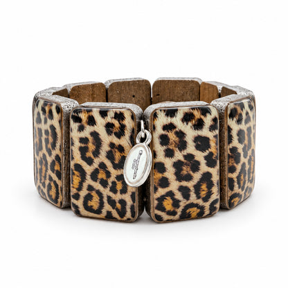 Statement Holzarmband mit Silberpigmenten und Leoprint