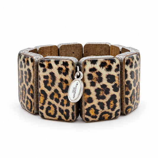 Statement Holzarmband mit Silberpigmenten und Leoprint
