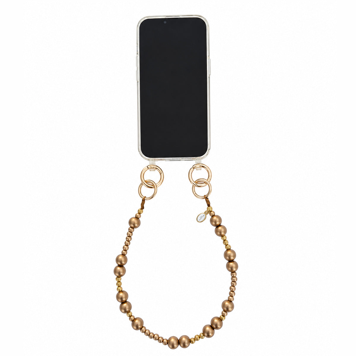 Short mobile phone chain made of wooden beads in gold