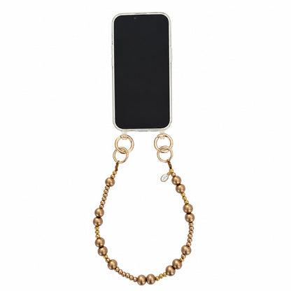 Short mobile phone chain made of wooden beads in gold