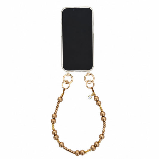 Short mobile phone chain made of wooden beads in gold