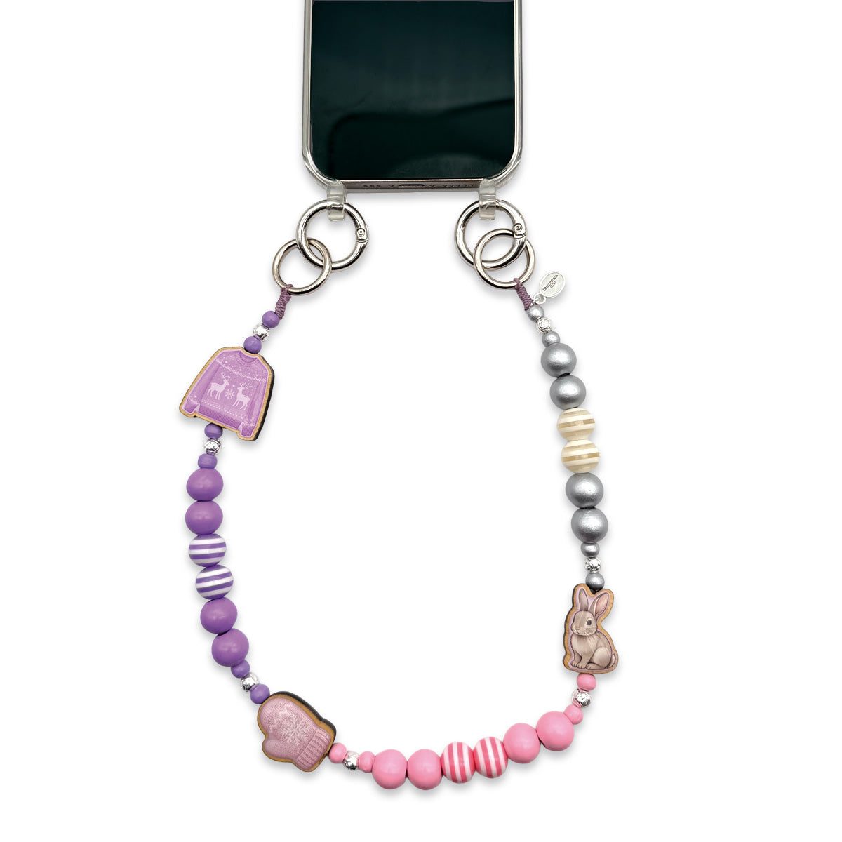 Kurze Handykette aus Holz- und Acrylperlen in Flieder, Rosa und Silber mit Holzpins Norwegerpulli, Handschuh und Hase.