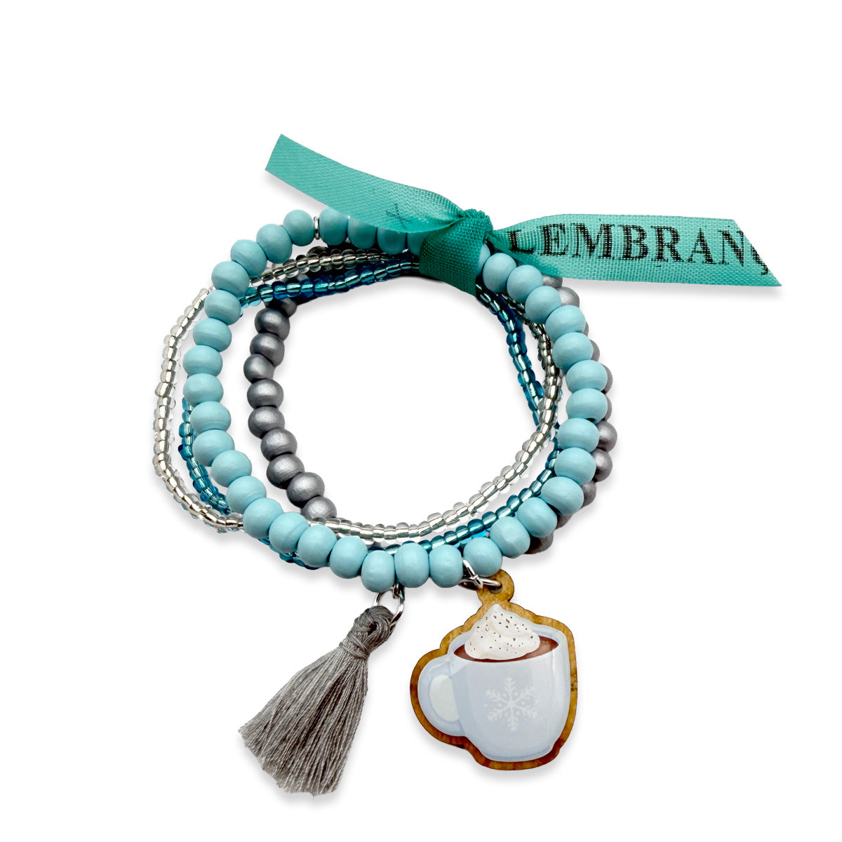 Escapulario Armbandset mit Holzpin Tasse mit heißer Schokolade, hellblauen Holzperlen, grauen und silberfarbenen Akzenten, Glasperlen und grauer Quaste.