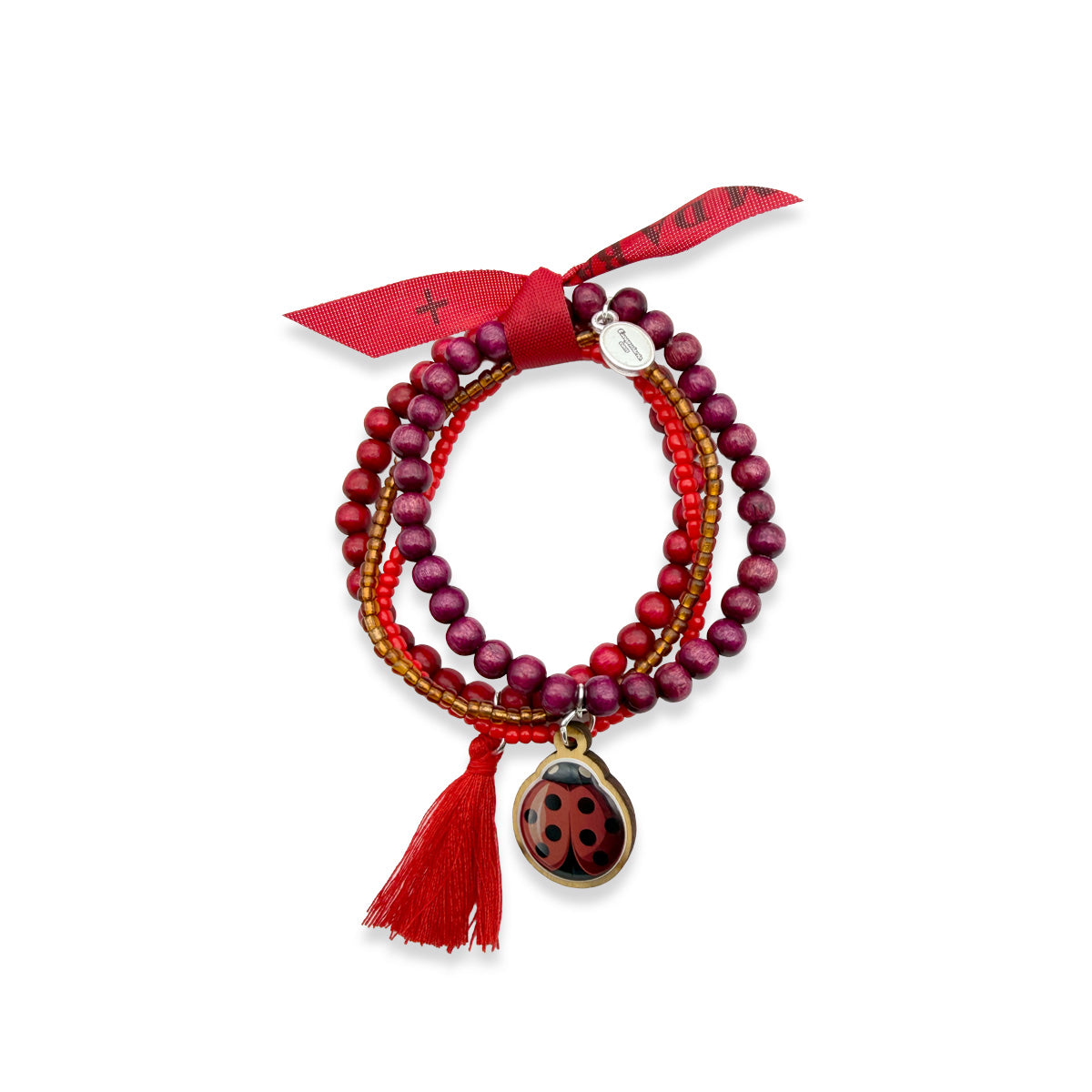 Escapulario Armbandset mit Marienkäfer-Holzpin, Holzperlen in Rot und Bordeaux, feinen Glasperlen, roter Quaste und rotem Bonfimband.