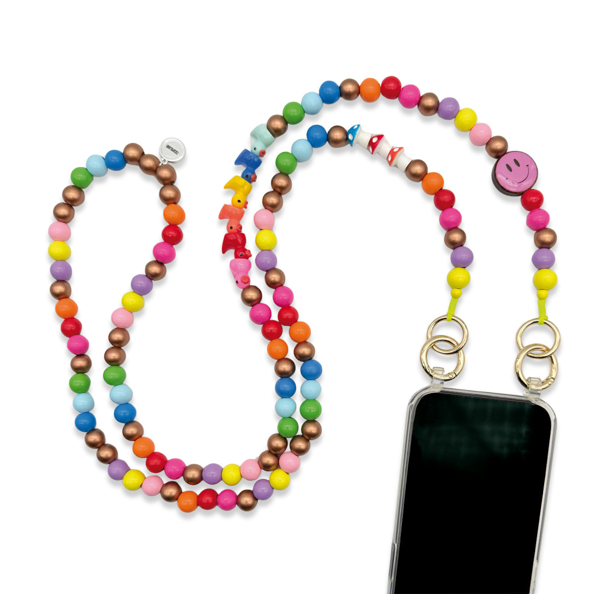 bunte escapulario Handykette aus holzperlen mit smiley, ente und pilz. 