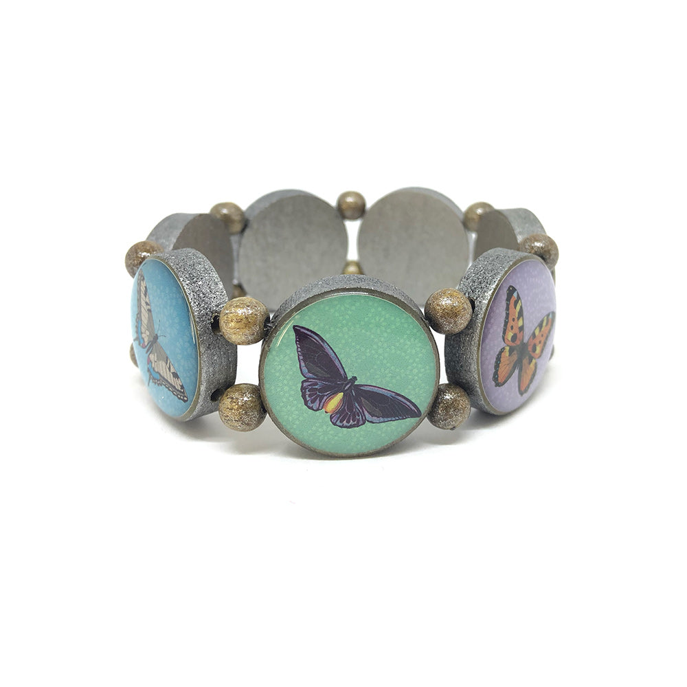Wooden bracelet brown with silver pigments and butterfly motifs