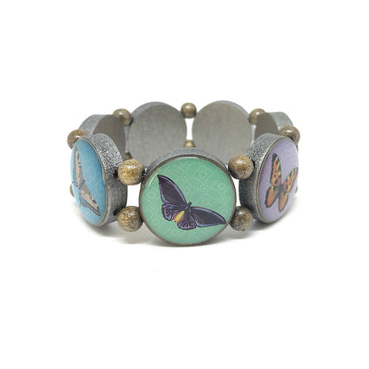 Wooden bracelet brown with silver pigments and butterfly motifs