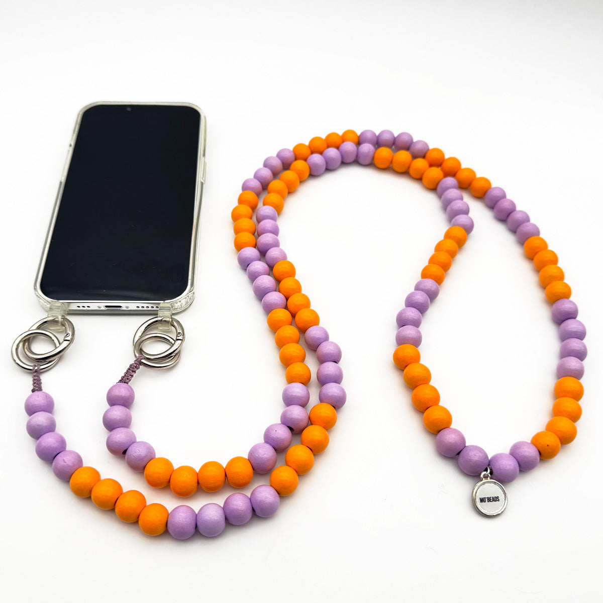 Orange-Lilac Mobile Phone Chain Made of Wooden Beads