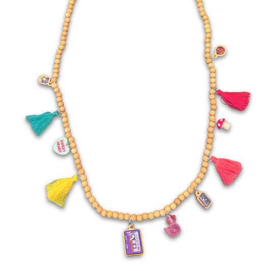 Holzkette Mix aus 6mm Perlen mit Charms und Retro-Kassette