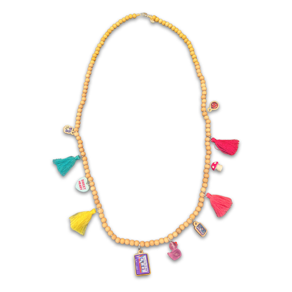 Holzkette Mix aus 6mm Perlen mit Charms und Retro-Kassette