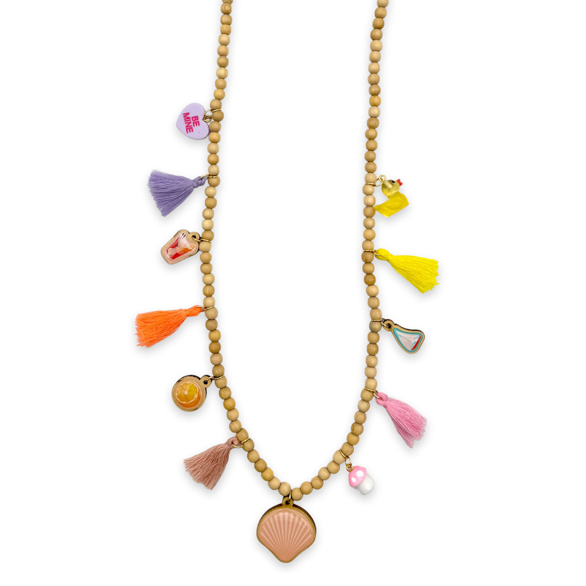 Holzkette Mix aus 6mm Perlen mit Charms und Muschel