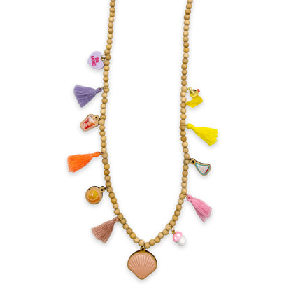 Holzkette Mix aus 6mm Perlen mit Charms und Muschel