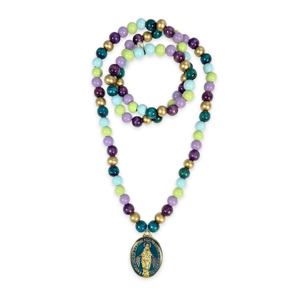 Madonna necklace colorful made of 12mm wooden beads