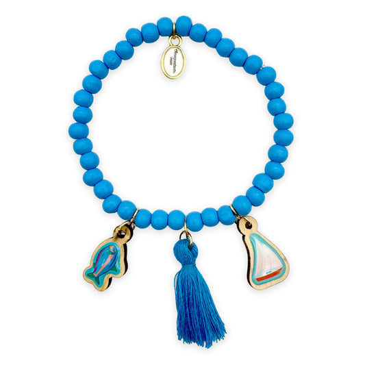 Wooden bracelet 6mm in denim blue with wooden pins