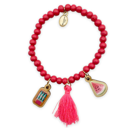 Wooden bracelet 6mm in coral with wooden pins