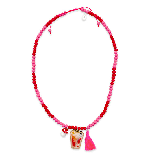 Wooden necklace 6mm in coral-apricot with pin, tassel &amp; mushroom