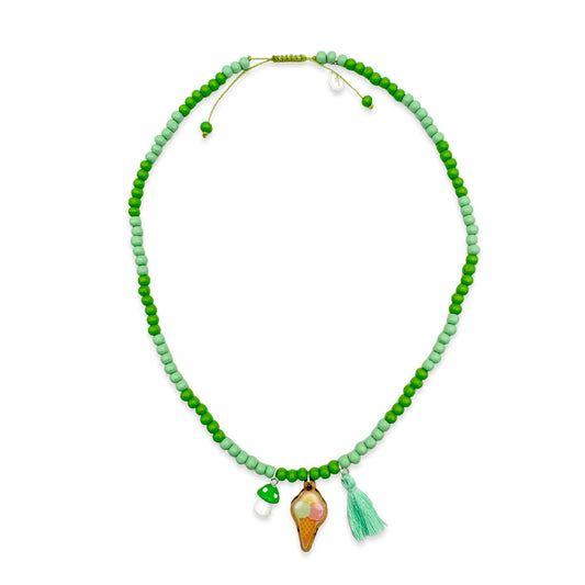 Wooden necklace 6mm in apple-mint with pin, tassel &amp; mushroom