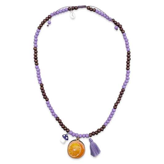 Wooden chain 6mm in lilac bronze with pin, tassel &amp; mushroom