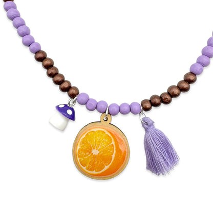Wooden chain 6mm in lilac bronze with pin, tassel &amp; mushroom