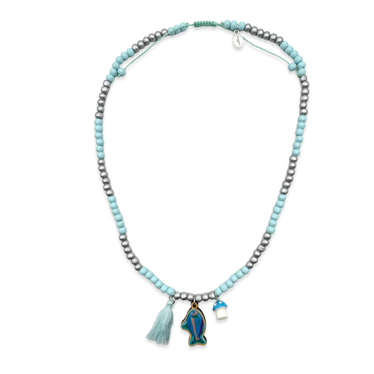 Wooden chain 6mm in light blue-silver with pin, tassel &amp; mushroom