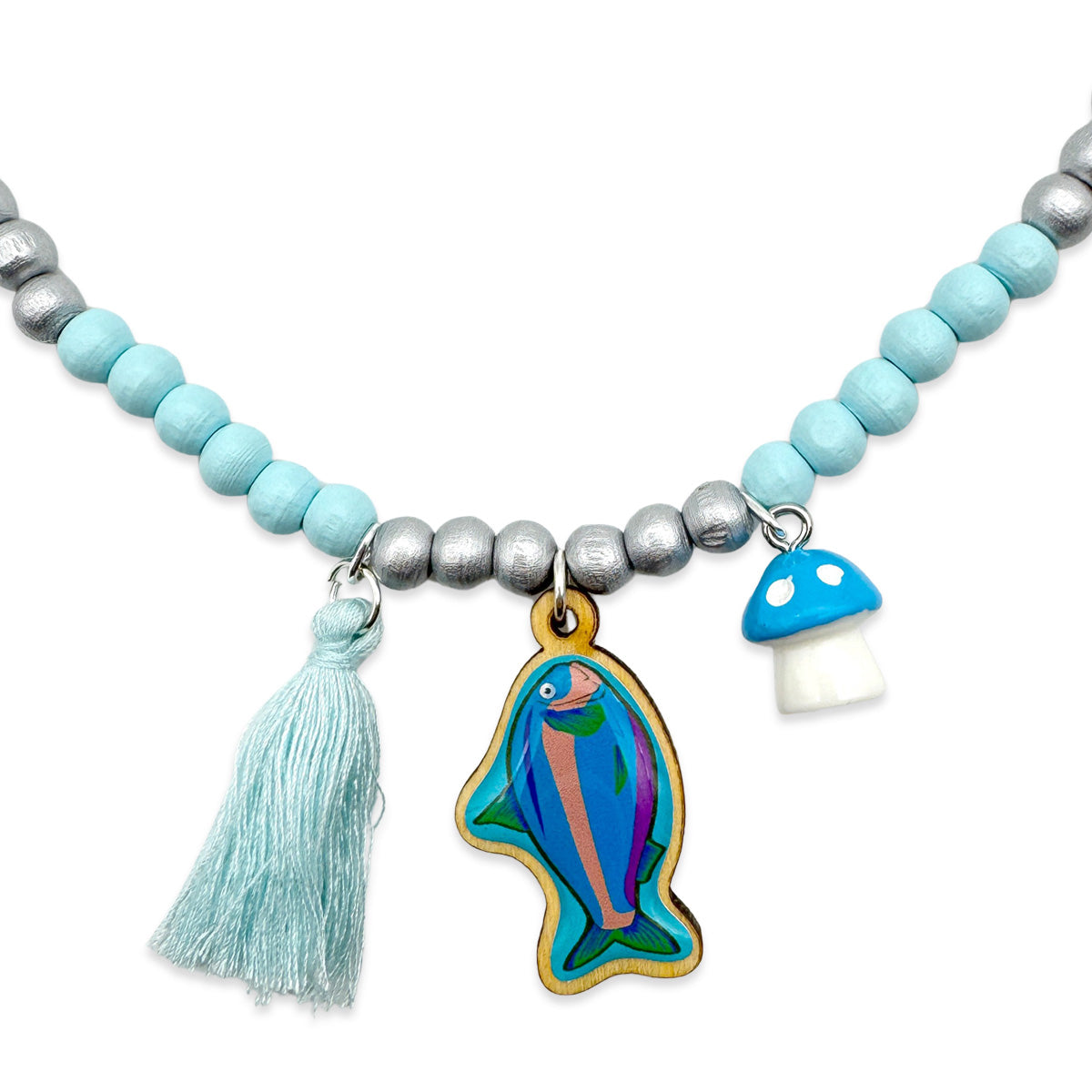 Wooden chain 6mm in light blue-silver with pin, tassel &amp; mushroom