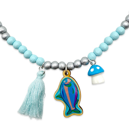 Wooden chain 6mm in light blue-silver with pin, tassel &amp; mushroom