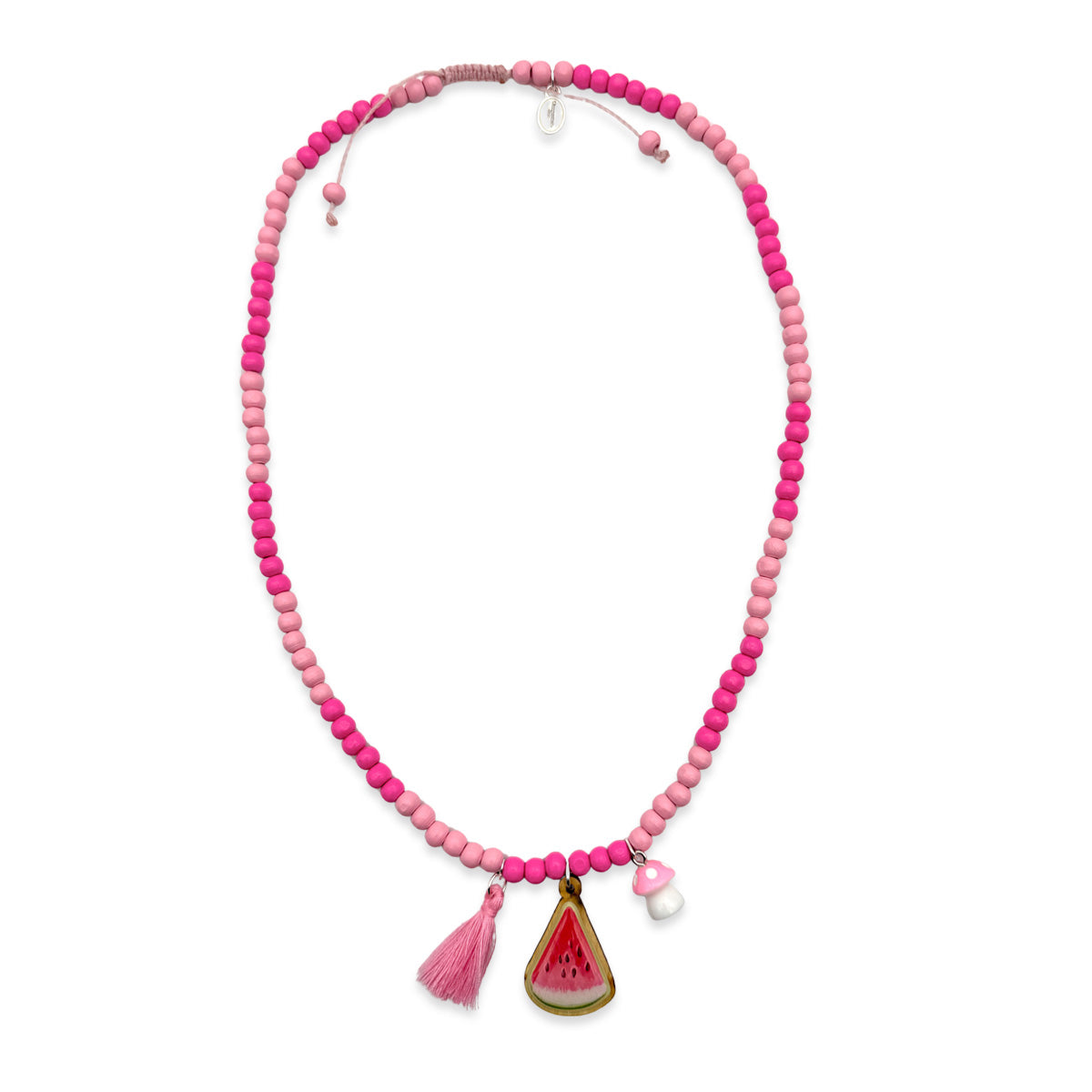 Wooden necklace 6mm in lipstick pink with pin, tassel &amp; mushroom