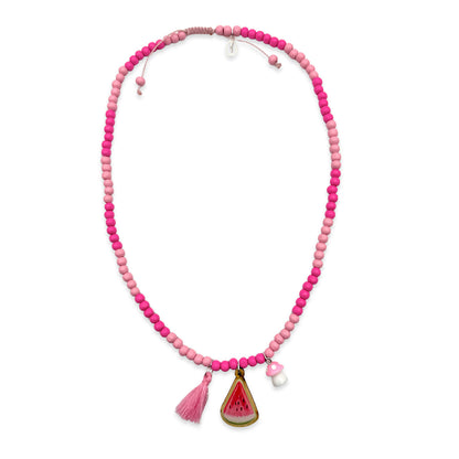 Wooden necklace 6mm in lipstick pink with pin, tassel &amp; mushroom