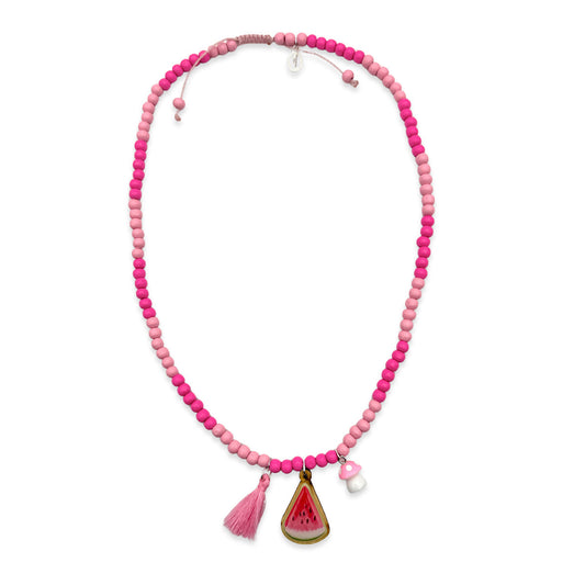 Wooden necklace 6mm in lipstick pink with pin, tassel &amp; mushroom