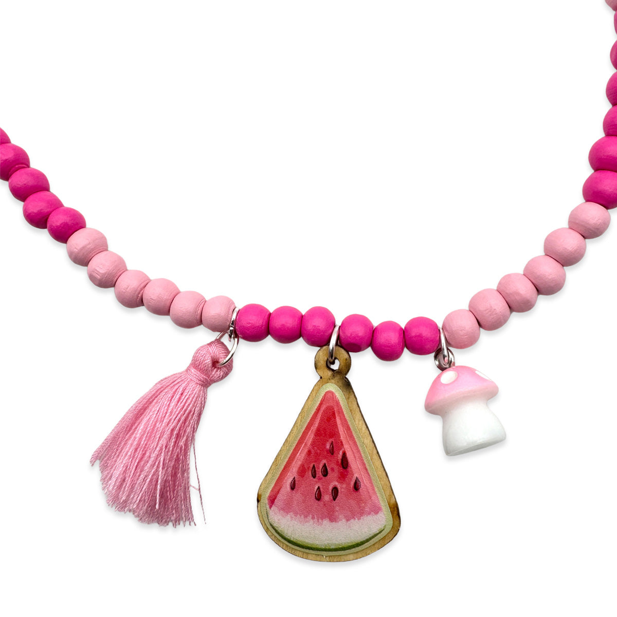 Wooden necklace 6mm in lipstick pink with pin, tassel &amp; mushroom