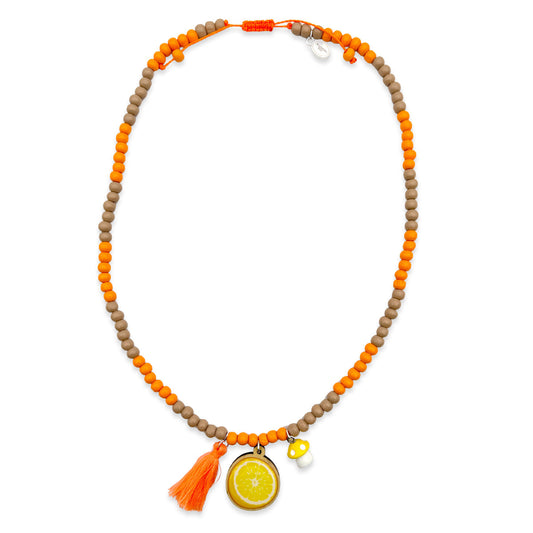 Wooden necklace 6mm in orange-cappuccino with pin, tassel &amp; mushroom