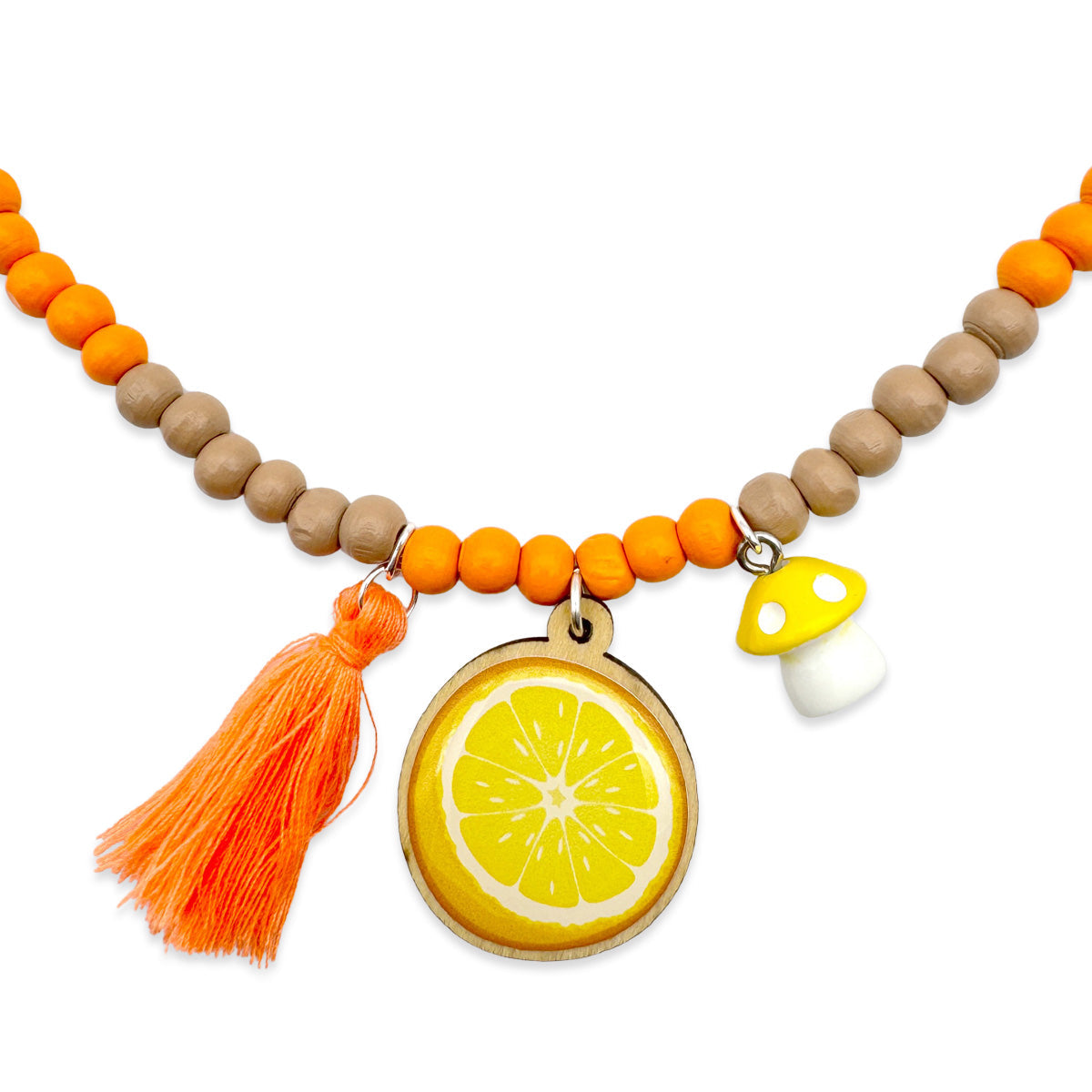 Wooden necklace 6mm in orange-cappuccino with pin, tassel &amp; mushroom
