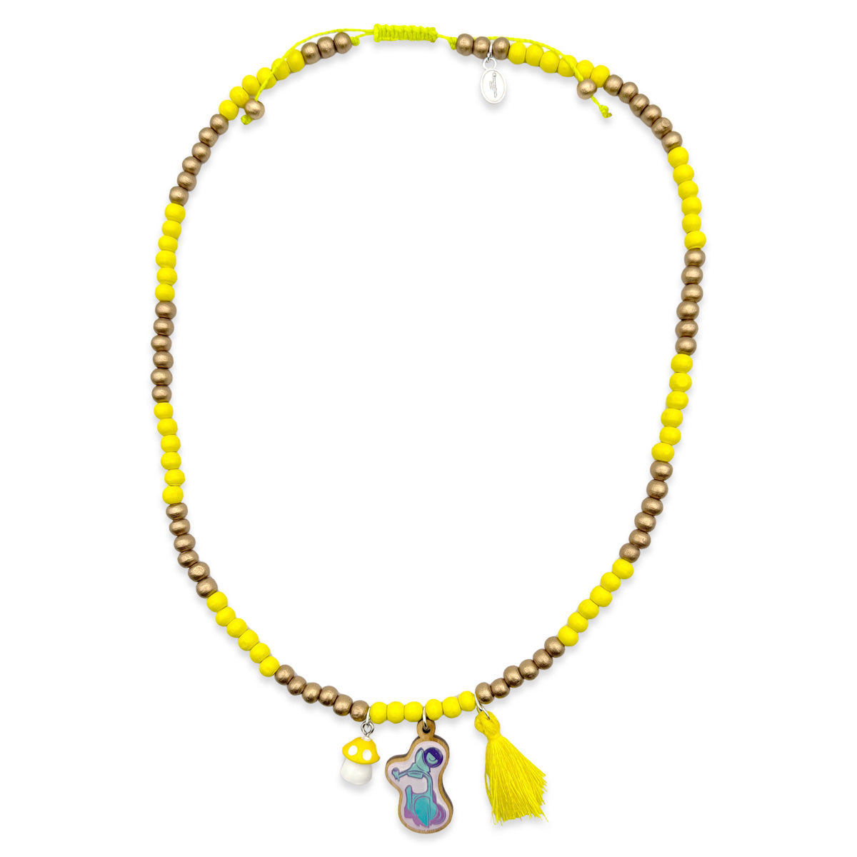 Wooden chain 6mm in yellow gold with pin, tassel &amp; mushroom