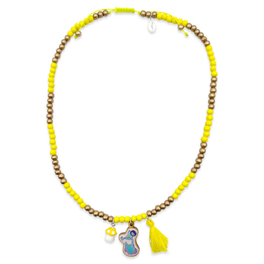 Wooden chain 6mm in yellow gold with pin, tassel &amp; mushroom