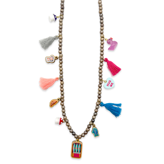Wooden chain 6mm in brown metallic with pins, tassels, heart, duck &amp; mushroom