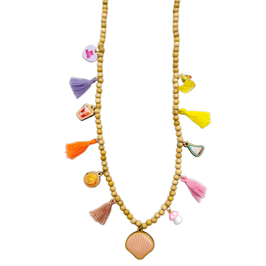 Wooden necklace 6mm in natural brown with pins, tassels, heart, duck &amp; mushroom