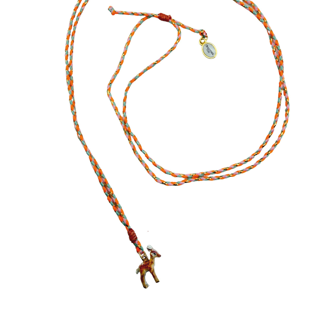 Farbenfrohe Baumwoll-Stringkette in Orange, Rosa, Gold und Mint mit süßem Bambi-Anhänger und verstellbarem Makrameeknoten von Escapulario.