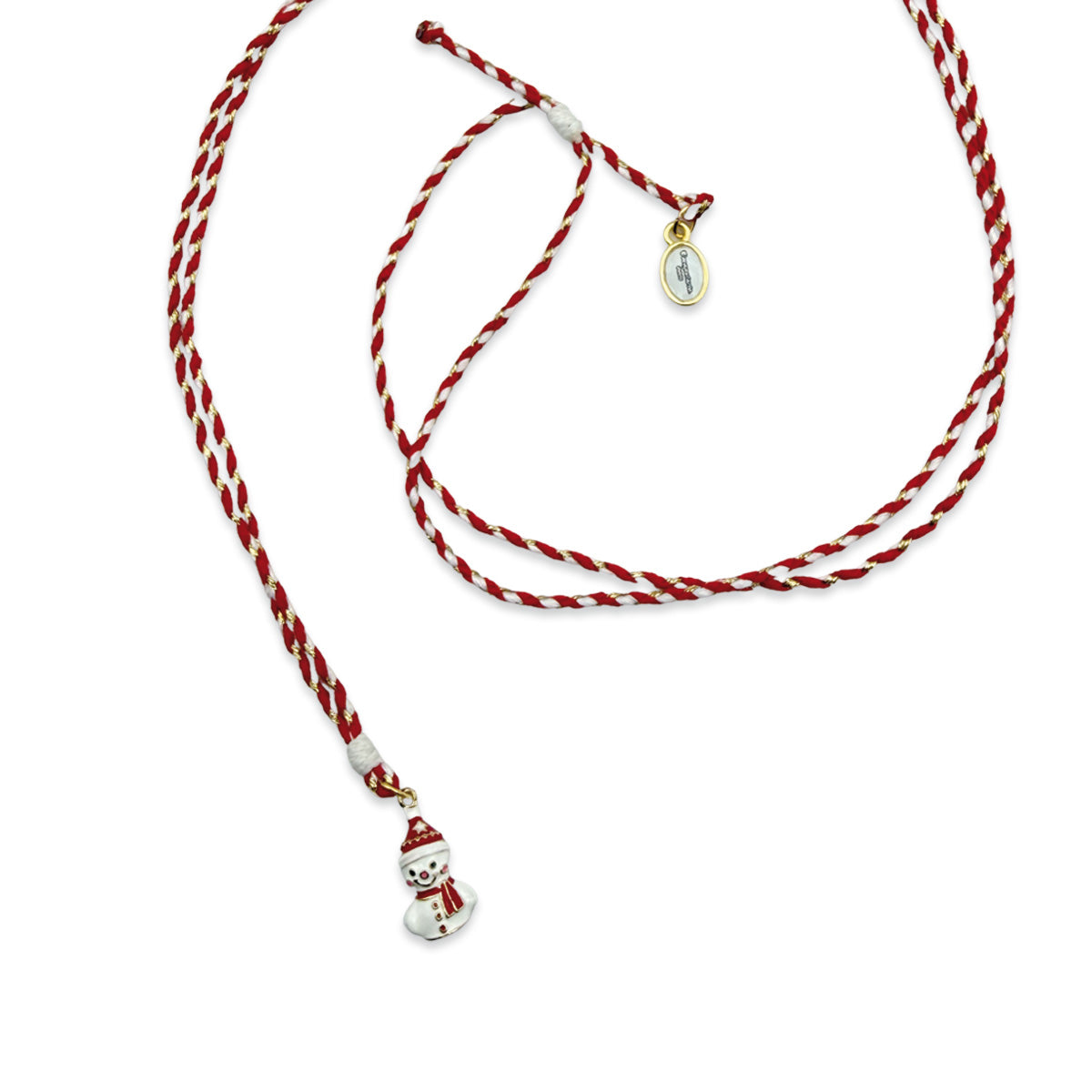 Geflochtene Baumwoll-Stringkette in Rot, Weiß und Gold mit niedlichem Schneemann-Anhänger und verstellbarem Makrameeknoten von Escapulario.