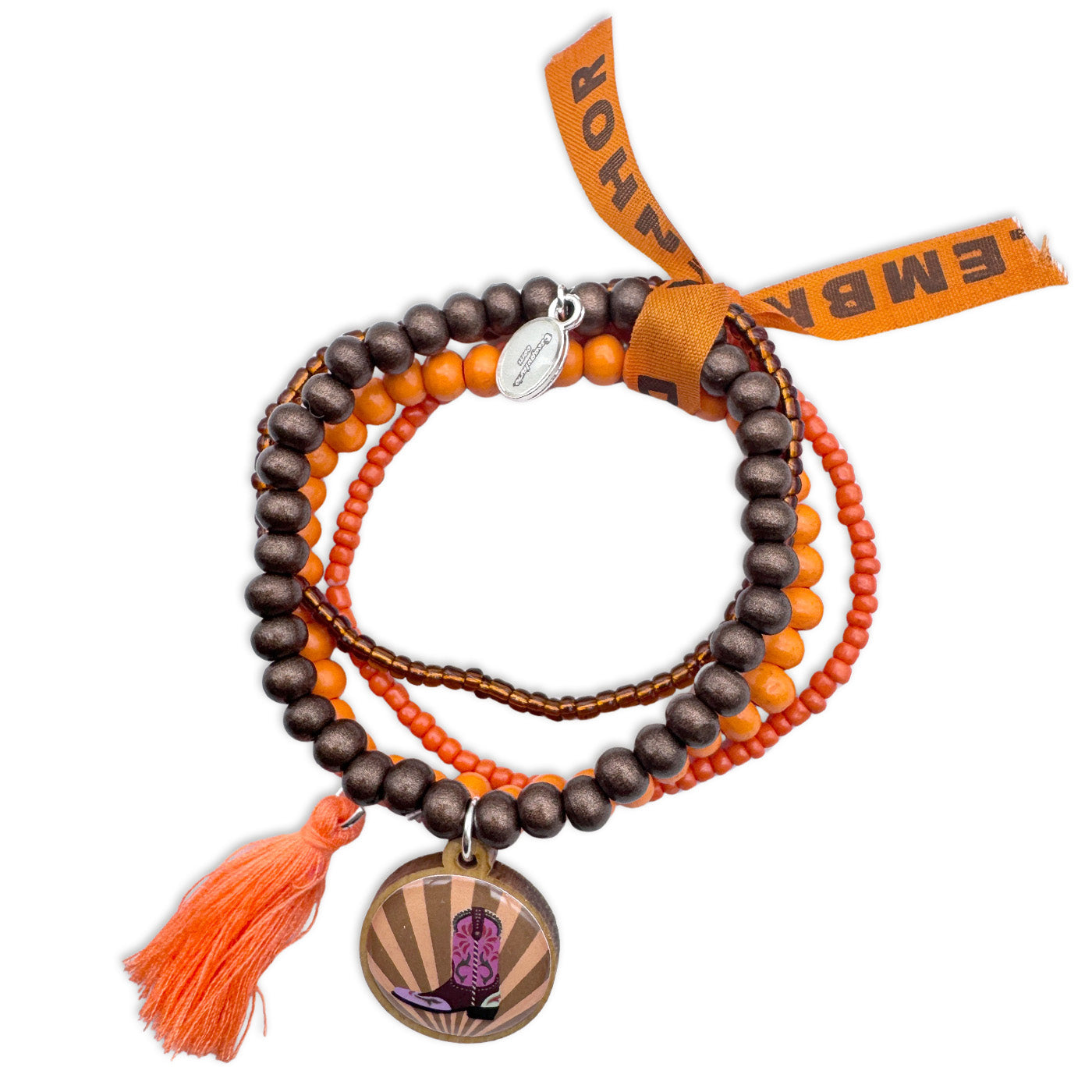 Escapulario Armbandset mit Cowboystiefelpin in warmen Bronze- und Orangetönen – stylischer Western-Armschmuck für Frauen mit Charakter.